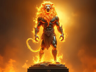 Leo Zodiac Warrior Sculpture with Glowing Lion Head and Fiery Body