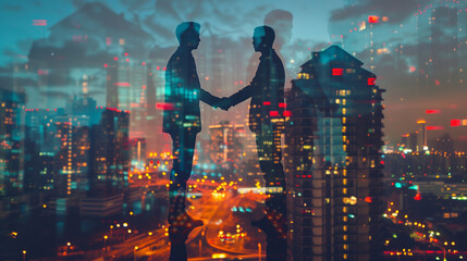 2 businessman handshake, multiple exposure with city buildings, business deal concept