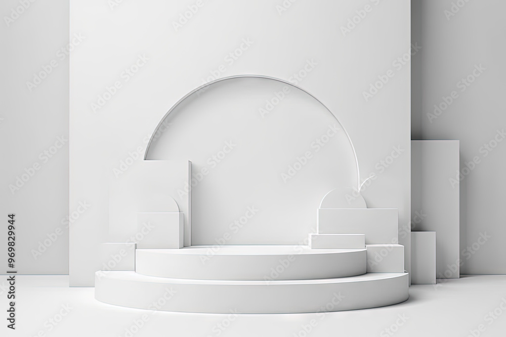 Poster pedestal in the room in white color with geometric shapes. podium for product showcase with geometri