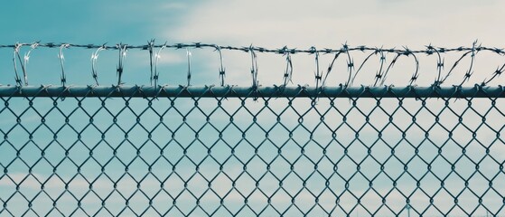 Barbed wire fence stretching across a pale sky, evoking themes of security, boundaries, and protection. The sharp wire highlights the restriction and harshness of the environment.