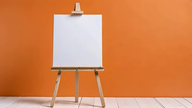 A blank canvas on an easel against an orange backdrop hints at artistic creativity and preparation for painting