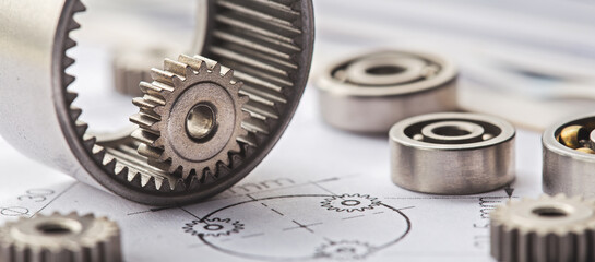 Gears, bearings and mechanism parts.Elements of mechanical blocksand construction.