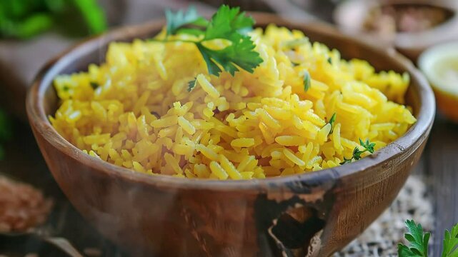 Yellow Rice on the table moves with smoke around