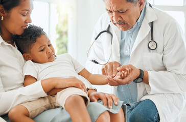 Mother, child and doctor with checkup for pulse, exam or test on health, flu or symptoms at home....