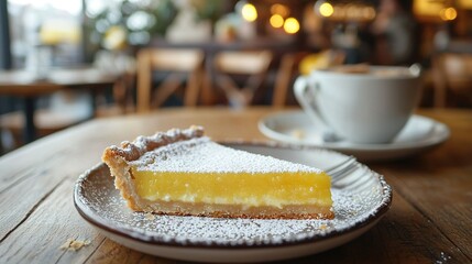   A lemon pie on a plate, with coffee and a fork, in a restaurant setting