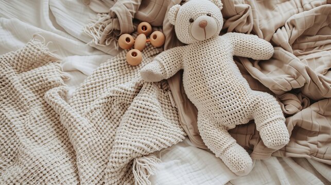 Infant onesie mockup white cotton short sleeve bodysuit with teddy bear on beige blanket - Powered by Adobe