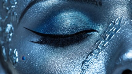Close-up of a woman's eye with detailed metallic blue makeup