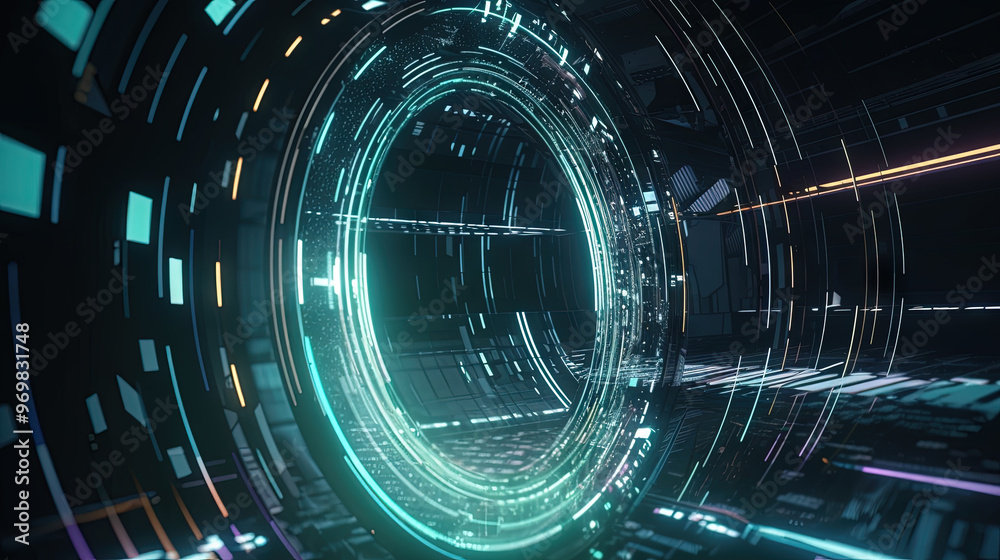 Poster Technology abstract background with hud styled round interface elements in neon tech light. Generated AI.