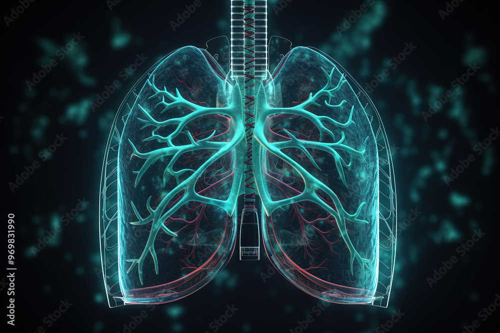 Poster Artificial implant science concept with technological AI lungs on the circuit board. Generated AI.