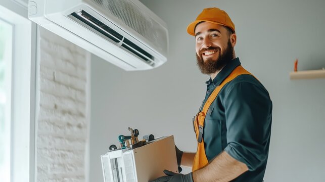 Smiling technician installing air conditioner indoors