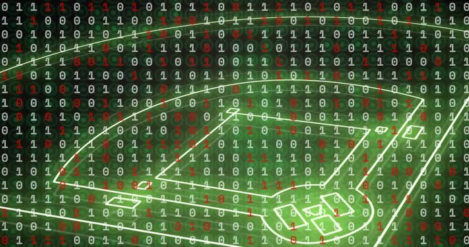 Binary code over baseball field animation, representing data analysis in sports