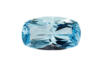 Aquamarine blue faceted oval cut stone mineral macro photography on white isolated background close up