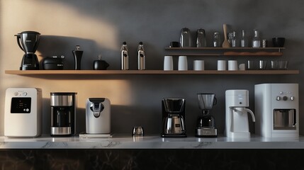 Modern kitchen countertop showcasing various coffee makers, utensils, and appliances beautifully arranged in natural light