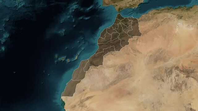Zoom from Earth to Morocco. (with Provinces) World map animation with highlighted borders of countries. Images from NASA