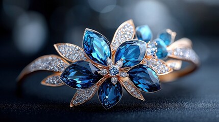 Fototapeta premium A close-up of a ring with blue and white stones and a flower design on its front