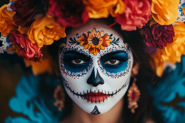 Woman with Day of the Dead face paint and floral headdress