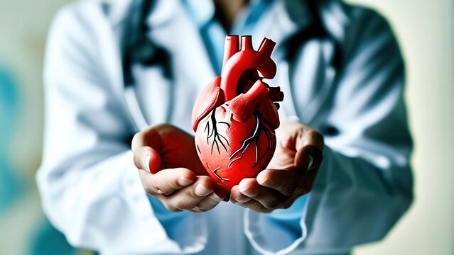 M&eacute;dico cardi&oacute;logo sostiene un coraz&oacute;n de pl&aacute;stico en la mano