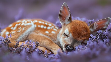 Obraz premium A deer rests its head on its back in a field of purple flowers, eyes closed
