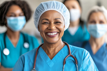 Healthcare worker stands in the foreground with a group of medical professionals
