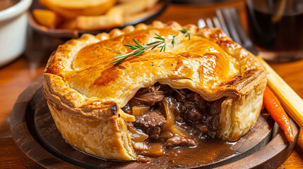 Traditional British savory pastry steak and ale pie with meat enveloped in crust. Delicious comfort food