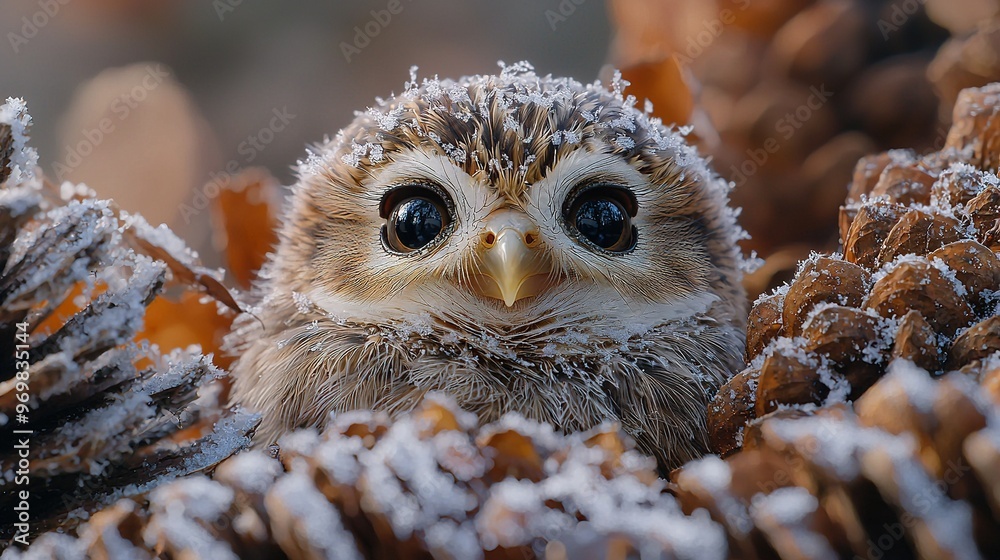 Wall mural   Close-up of a small owl with snow on its face and a pinecone in the background