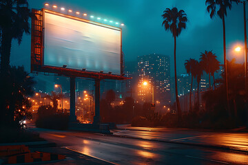 Blank billboard for advertisement in city downtown at night.