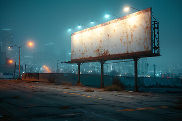 Blank billboard for advertisement in city downtown at night.
