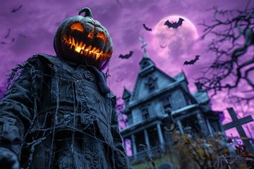 haunted graveyard scene with a spooky pumpkin-headed figure standing in front of a haunted house. The background is a creepy violet sky with bats flying around the moon.