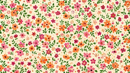 Floral pattern. Pretty flowers on a white background. Printing with small orange, red, and pink flowers. Ditsy print. Spring Bouquet.A white background, red and orange small flowers pattern.