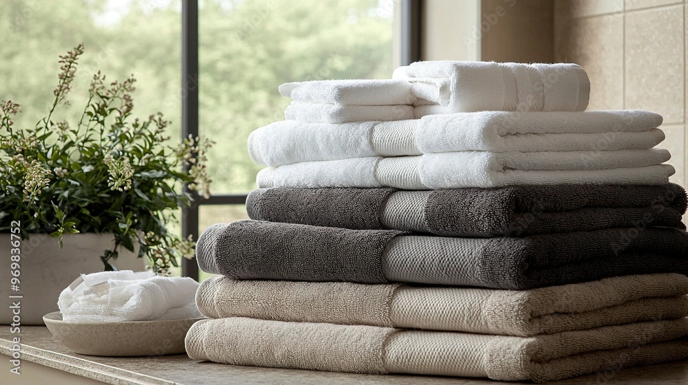 Wall mural   A stack of towels sits atop a counter, near a potted plant on a window sill