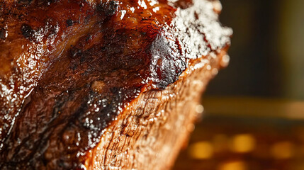 Close up shot of delicious barbeque smoked juicy Texas brisked with charcoal crust.Traditional American cuisine dish. Hearty comfort food