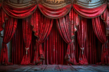 close-up shot capturing the luxurious texture and deep red color of vintage red velvet theater curtains on a grand stage.