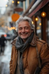 Obraz premium Caucasian man smiling happily on a sunny city street during winter with people and lights in the background