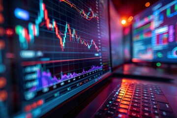 Obraz premium Active trading environment showcasing cryptocurrency and stock market charts on multiple monitors in a dimly lit workspace