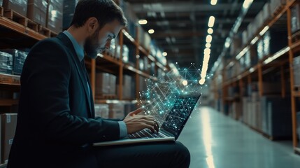 Businessman working on laptop in warehouse with digital network.