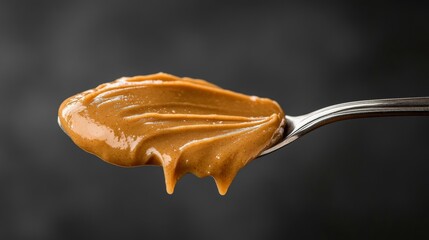 A spoonful of peanut butter is shown with a drizzle of oil on top