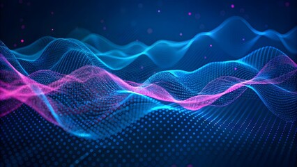  Abstract illustration of pink-blue frequency signal waves as particles passing in medium against a dark background. Abstract colorful audio or sound wave background