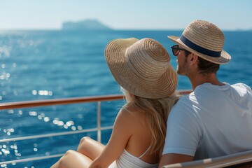 Fototapeta premium Couple relaxing on a sunny outdoor deck, enjoying the ocean view and each other\'s company near a serene island