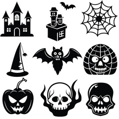 Gothic halloween sticker pack made up of pumpkins, bats, cats, crow, skull, ghosts, graves, spider, web and broom. Different holiday stickers as prints, patterns for graphic or fashion design