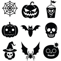 Gothic halloween sticker pack made up of pumpkins, bats, cats, crow, skull, ghosts, graves, spider, web and broom. Different holiday stickers as prints, patterns for graphic or fashion design
