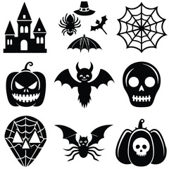 Gothic halloween sticker pack made up of pumpkins, bats, cats, crow, skull, ghosts, graves, spider, web and broom. Different holiday stickers as prints, patterns for graphic or fashion design