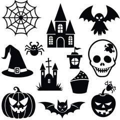 Obraz premium Gothic halloween sticker pack made up of pumpkins, bats, cats, crow, skull, ghosts, graves, spider, web and broom. Different holiday stickers as prints, patterns for graphic or fashion design