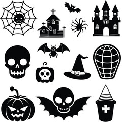 Obraz premium Gothic halloween sticker pack made up of pumpkins, bats, cats, crow, skull, ghosts, graves, spider, web and broom. Different holiday stickers as prints, patterns for graphic or fashion design