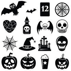 Gothic halloween sticker pack made up of pumpkins, bats, cats, crow, skull, ghosts, graves, spider, web and broom. Different holiday stickers as prints, patterns for graphic or fashion design
