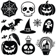 Gothic halloween sticker pack made up of pumpkins, bats, cats, crow, skull, ghosts, graves, spider, web and broom. Different holiday stickers as prints, patterns for graphic or fashion design
