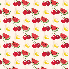 Seamless pattern with red cherry watermelon and banana 
