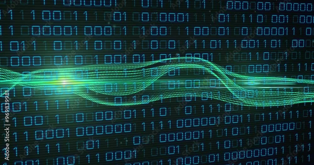 Poster binary code and green wave animation, data processing concept