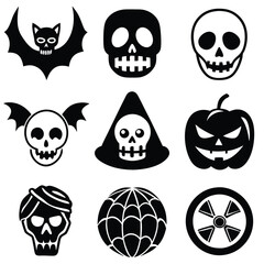 Fototapeta premium Gothic halloween sticker pack made up of pumpkins, bats, cats, crow, skull, ghosts, graves, spider, web and broom. Different holiday stickers as prints, patterns for graphic or fashion design