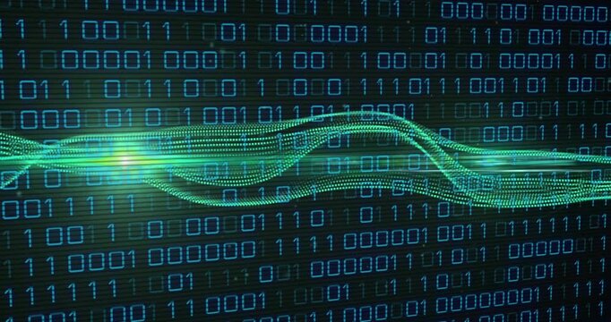 Binary code and green wave animation, data processing concept