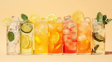  A row of colorful glasses filled with assorted beverages and adorned with fresh lemons, limes, and mints
